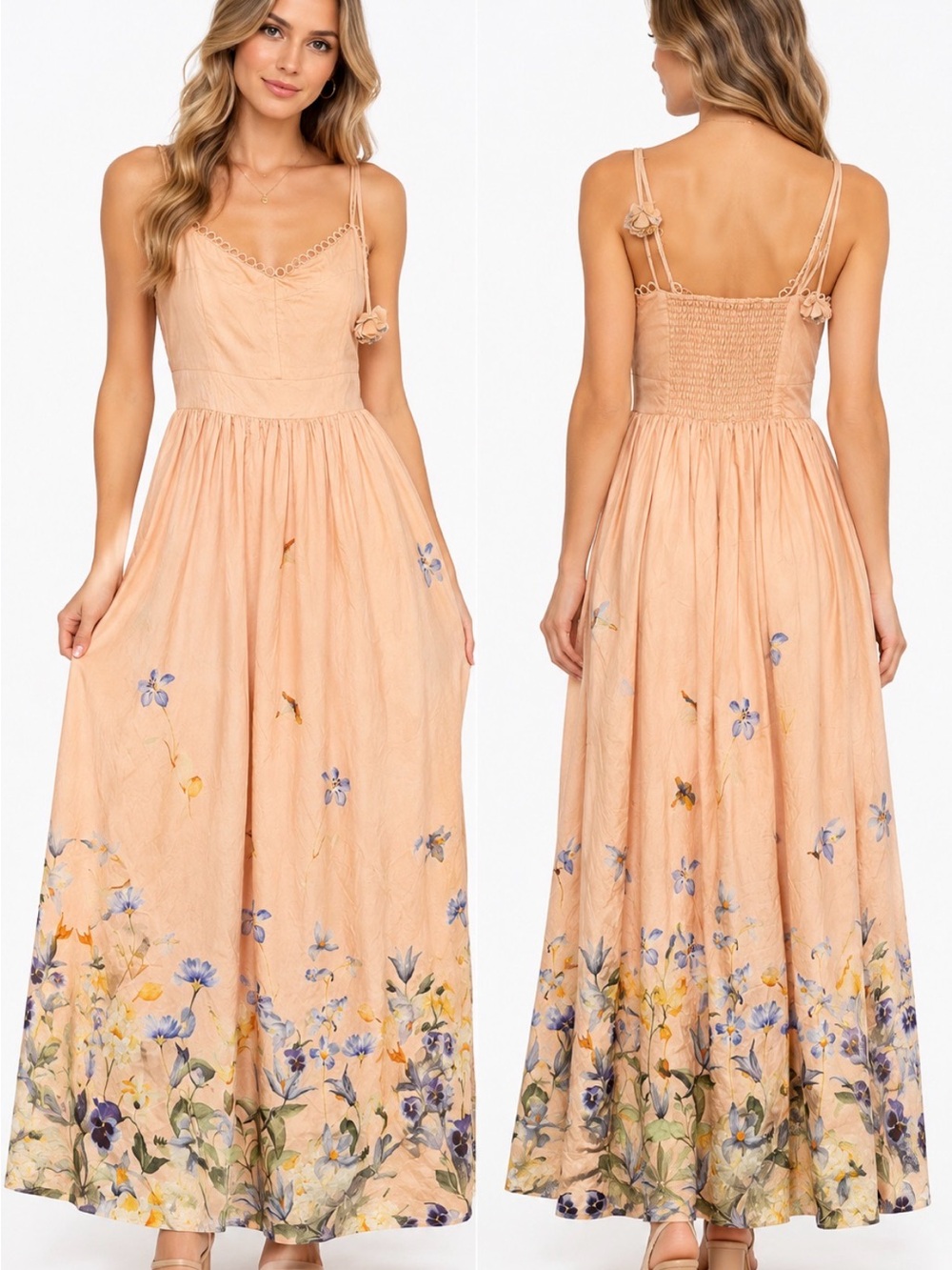 En Saison Size S Peach Floral Border Print Maxi Dress Smocked Back